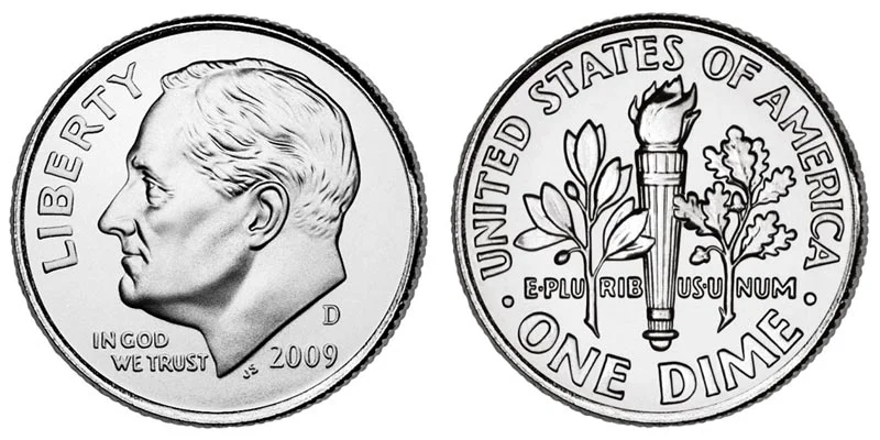 2009-P and 2009-D Roosevelt dimes obverse showing mint marks and date