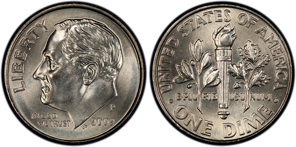 2009 Roosevelt dime torch comparison: weak bands left vs fully separated Full Bands right