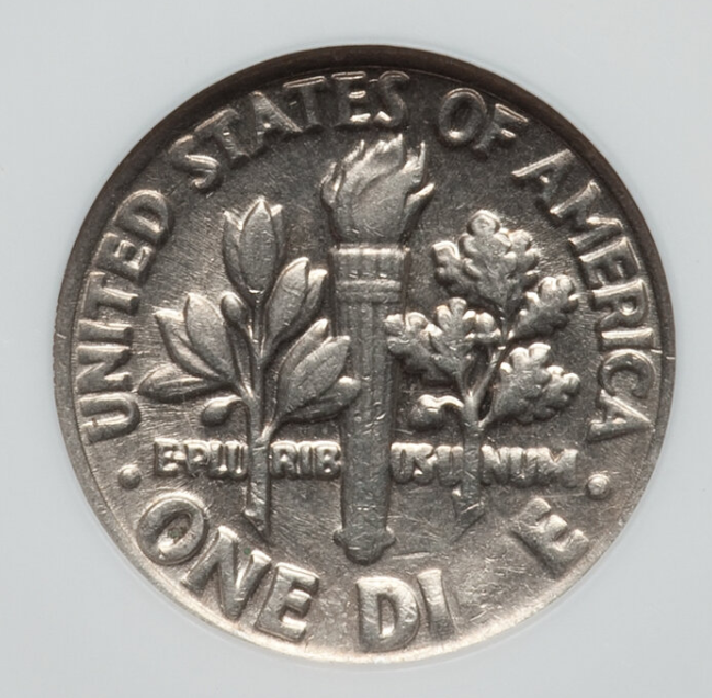 2009-D Roosevelt dime grease struck-through error showing flat missing design area from die grease fill