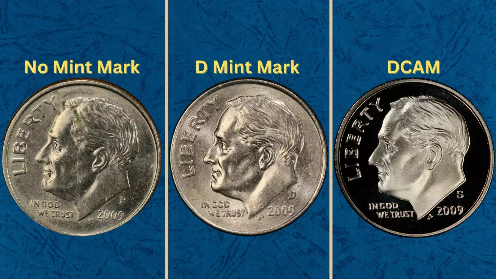 Group of 2009 Roosevelt dimes from multiple mint facilities showing range of conditions