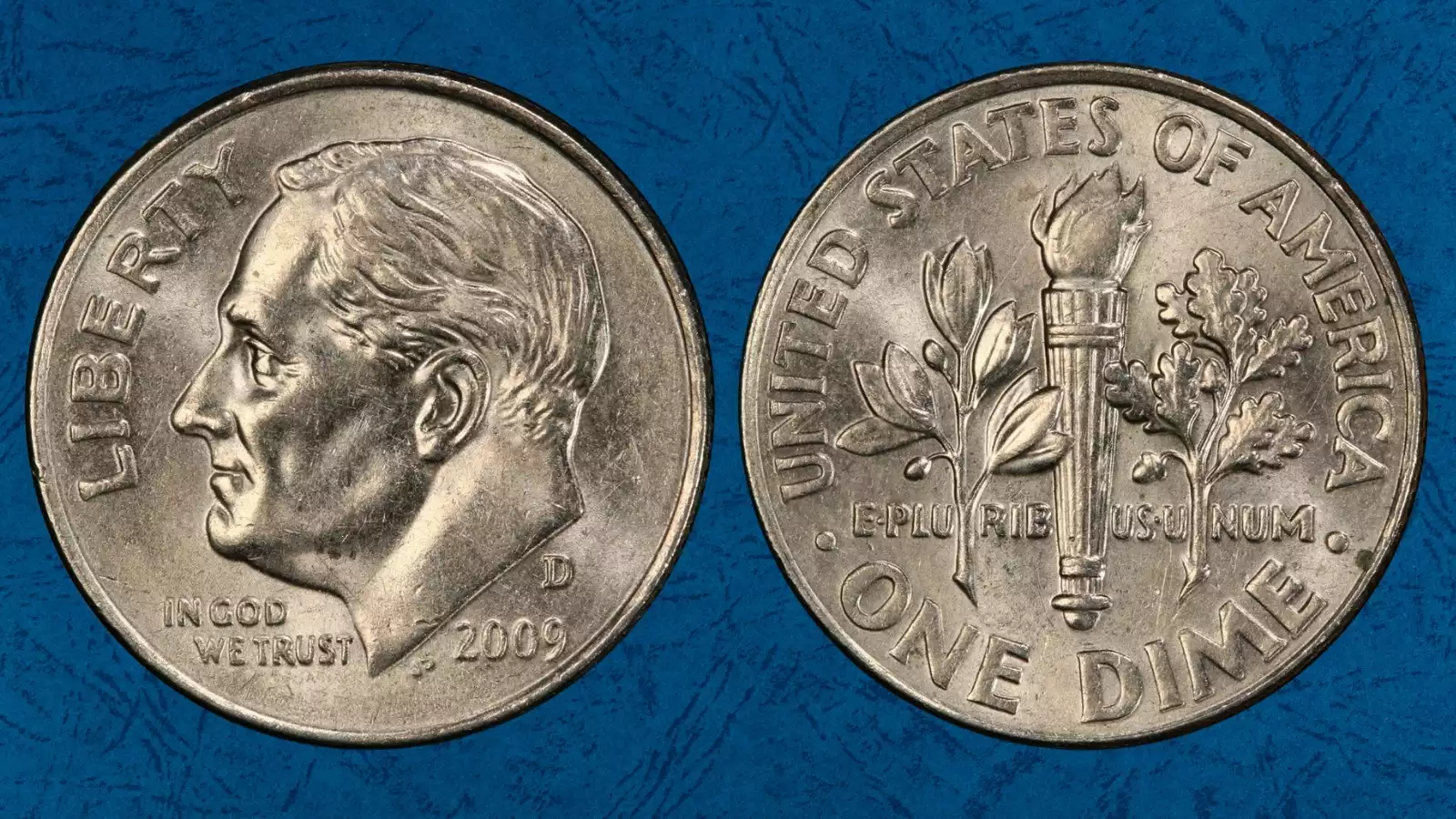2009 Roosevelt dime grading strip showing four condition tiers from Worn G4 to Gem MS67